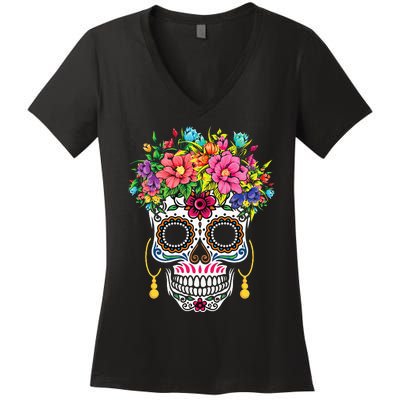 Cinco De Mayo Sugar Skull Dia De Los Muertos Day Of Dead Women's V-Neck T-Shirt