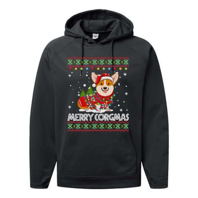 Corgi Dog Merry Corgmas Santa Corgi Ugly Christmas Sweater Long Sleeve Performance Fleece Hoodie