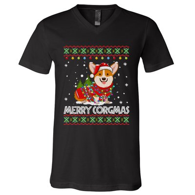 Corgi Dog Merry Corgmas Santa Corgi Ugly Christmas Sweater Long Sleeve V-Neck T-Shirt