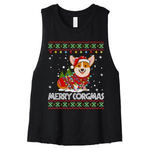 Corgi Dog Merry Corgmas Santa Corgi Ugly Christmas Sweater Long Sleeve Women's Racerback Cropped Tank