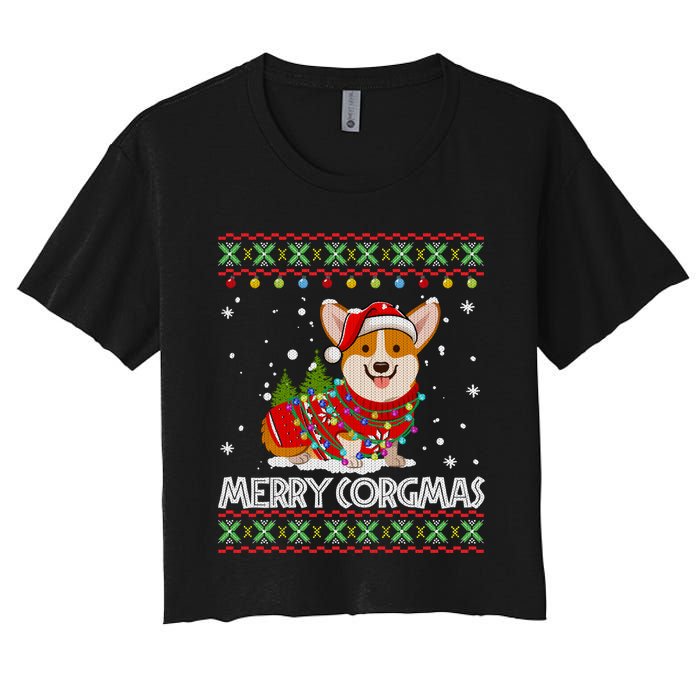 Corgi Dog Merry Corgmas Santa Corgi Ugly Christmas Sweater Long Sleeve Women's Crop Top Tee