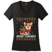 Corgi Dog Merry Corgmas Santa Corgi Ugly Christmas Sweater Long Sleeve Women's V-Neck T-Shirt