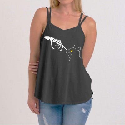 Cat Dad Mom Black Cat Lover Skeleton Hand Funny Halloween Women's Strappy Tank