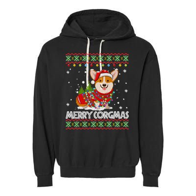 Corgi Dog Merry Corgmas Santa Corgi Ugly Christmas Sweater Garment-Dyed Fleece Hoodie