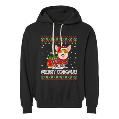 Corgi Dog Merry Corgmas Santa Corgi Ugly Christmas Sweater Garment-Dyed Fleece Hoodie