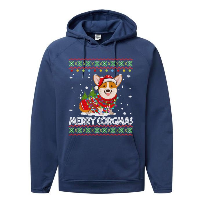 Corgi Dog Merry Corgmas Santa Corgi Ugly Christmas Sweater Performance Fleece Hoodie