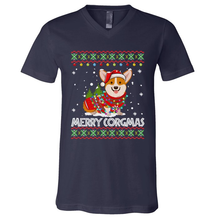 Corgi Dog Merry Corgmas Santa Corgi Ugly Christmas Sweater V-Neck T-Shirt