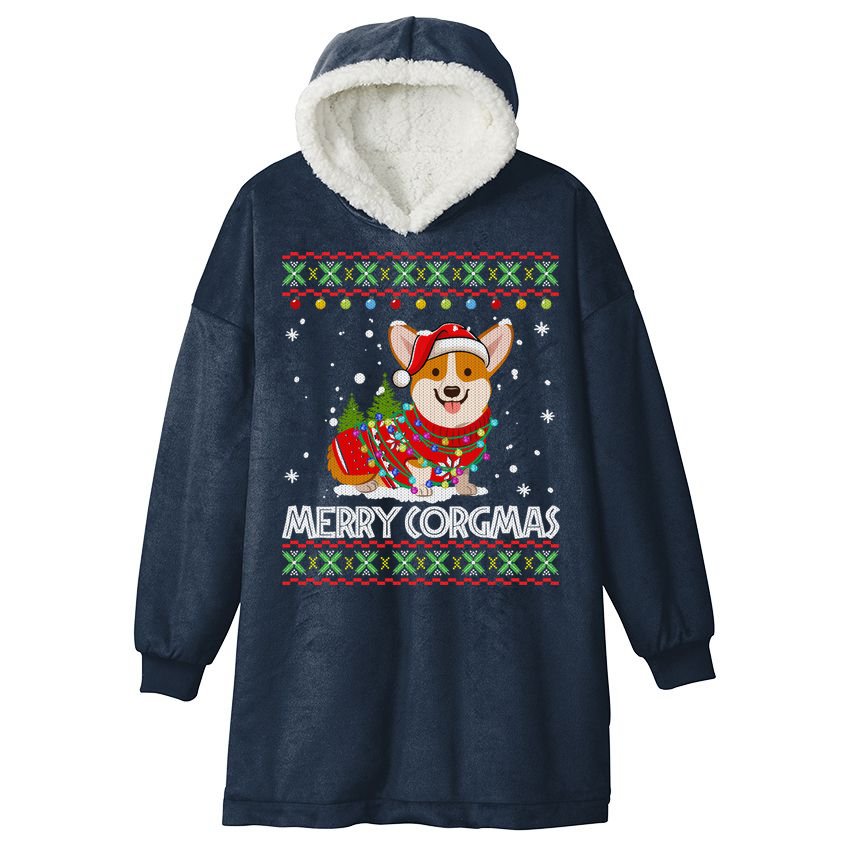 Corgi Dog Merry Corgmas Santa Corgi Ugly Christmas Sweater Hooded Wearable Blanket