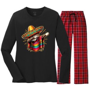 Cinco De Mayo Cat Dabbing Poncho Sombrero Mexican Fiesta Women's Long Sleeve Flannel Pajama Set 