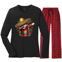 Cinco De Mayo Cat Dabbing Poncho Sombrero Mexican Fiesta Women's Long Sleeve Flannel Pajama Set 