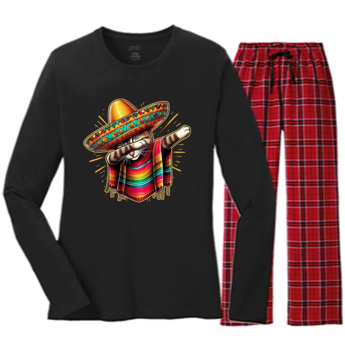 Cinco De Mayo Cat Dabbing Poncho Sombrero Mexican Fiesta Women's Long Sleeve Flannel Pajama Set 