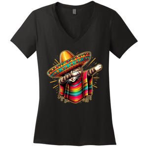 Cinco De Mayo Cat Dabbing Poncho Sombrero Mexican Fiesta Women's V-Neck T-Shirt