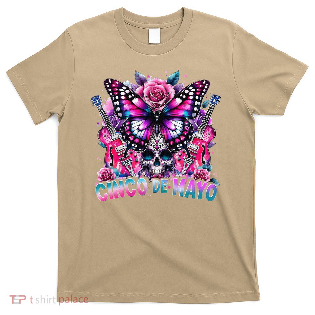 Cinco De Mayo Mexican Guitar Rock Calavera Skull Butterfly T-Shirt
