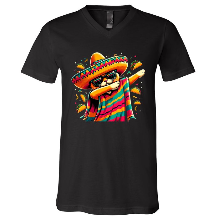 Cinco De Mayo Cat Dabbing Poncho Sombrero Mexican Fiesta V-Neck T-Shirt