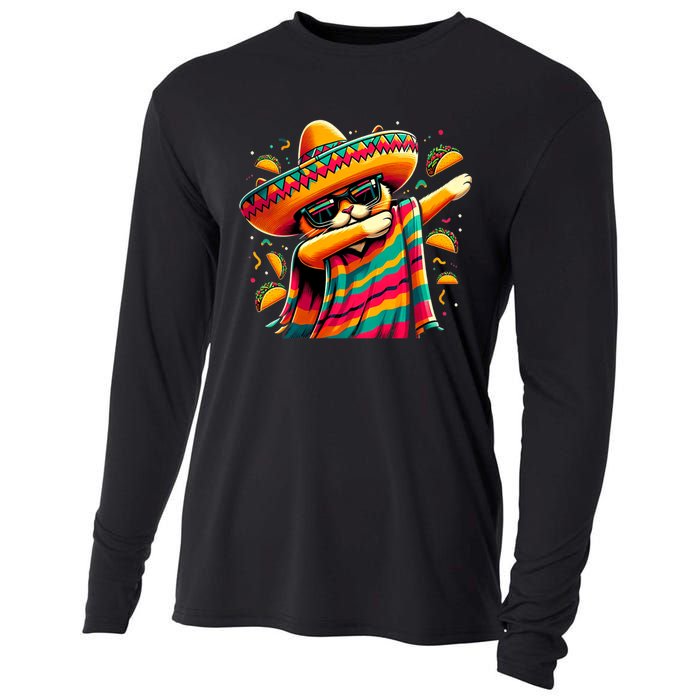 Cinco De Mayo Cat Dabbing Poncho Sombrero Mexican Fiesta Cooling Performance Long Sleeve Crew