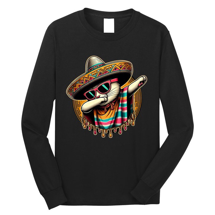 Cinco De Mayo Cat Dabbing Poncho Sombrero Mexican Fiesta Long Sleeve Shirt