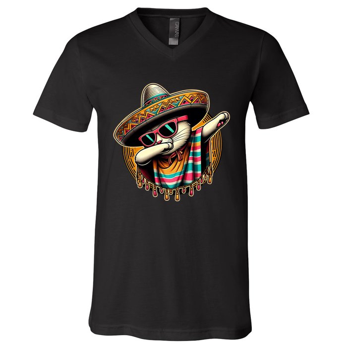 Cinco De Mayo Cat Dabbing Poncho Sombrero Mexican Fiesta V-Neck T-Shirt