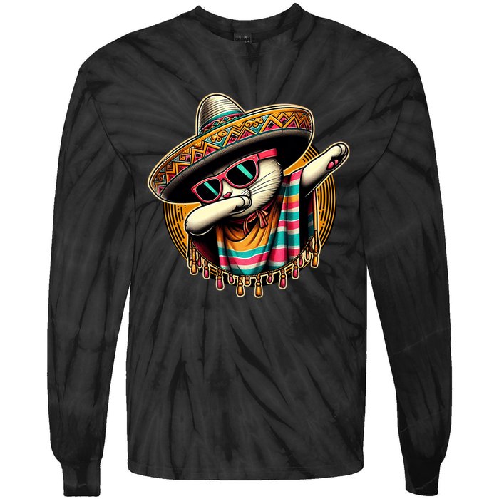 Cinco De Mayo Cat Dabbing Poncho Sombrero Mexican Fiesta Tie-Dye Long Sleeve Shirt