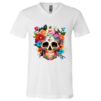 Cinco De Mayo Sugar Skull Day Of The Dead Mexican Fiesta V-Neck T-Shirt