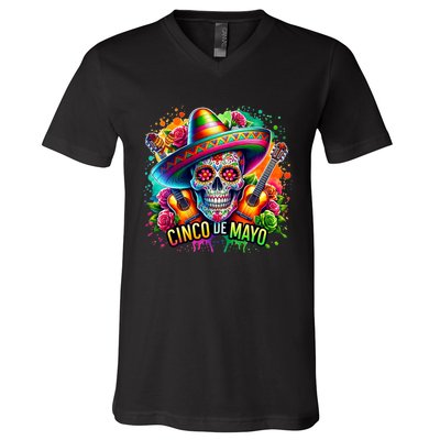 Cinco De Mayo Women Girl Mexican Skull Fiesta 5 De Mayo V-Neck T-Shirt