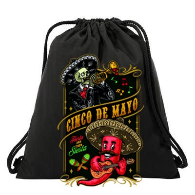 Cinco De Mayo Fiesta And Then Siesta Skeleton Pepper Music Drawstring Bag