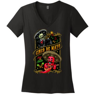 Cinco De Mayo Fiesta And Then Siesta Skeleton Pepper Music Women's V-Neck T-Shirt