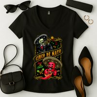 Cinco De Mayo Fiesta And Then Siesta Skeleton Pepper Music Women's V-Neck T-Shirt