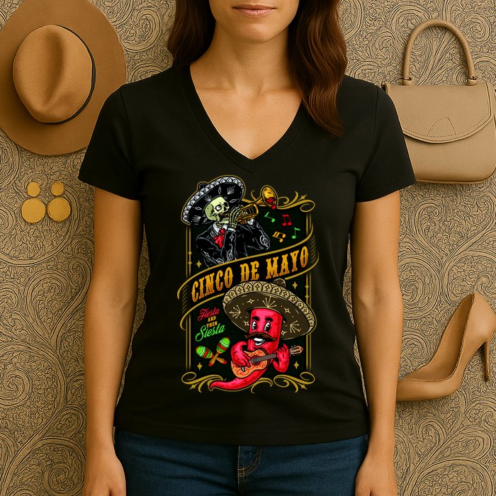 Cinco De Mayo Fiesta And Then Siesta Skeleton Pepper Music Women's V-Neck T-Shirt
