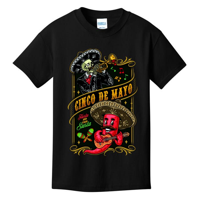 Cinco De Mayo Fiesta And Then Siesta Skeleton Pepper Music Kids T-Shirt