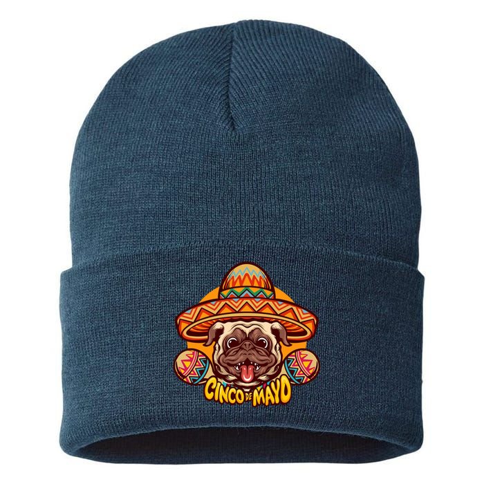 Cinco De Mayo Cute Pug Sustainable Knit Beanie