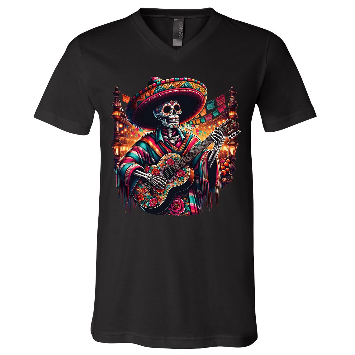 Cinco De Mayo Skeleton Sugar Skull Fiesta Sombreros Guitar V-Neck T-Shirt