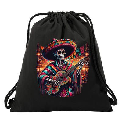 Cinco De Mayo Skeleton Sugar Skull Fiesta Sombreros Guitar Drawstring Bag