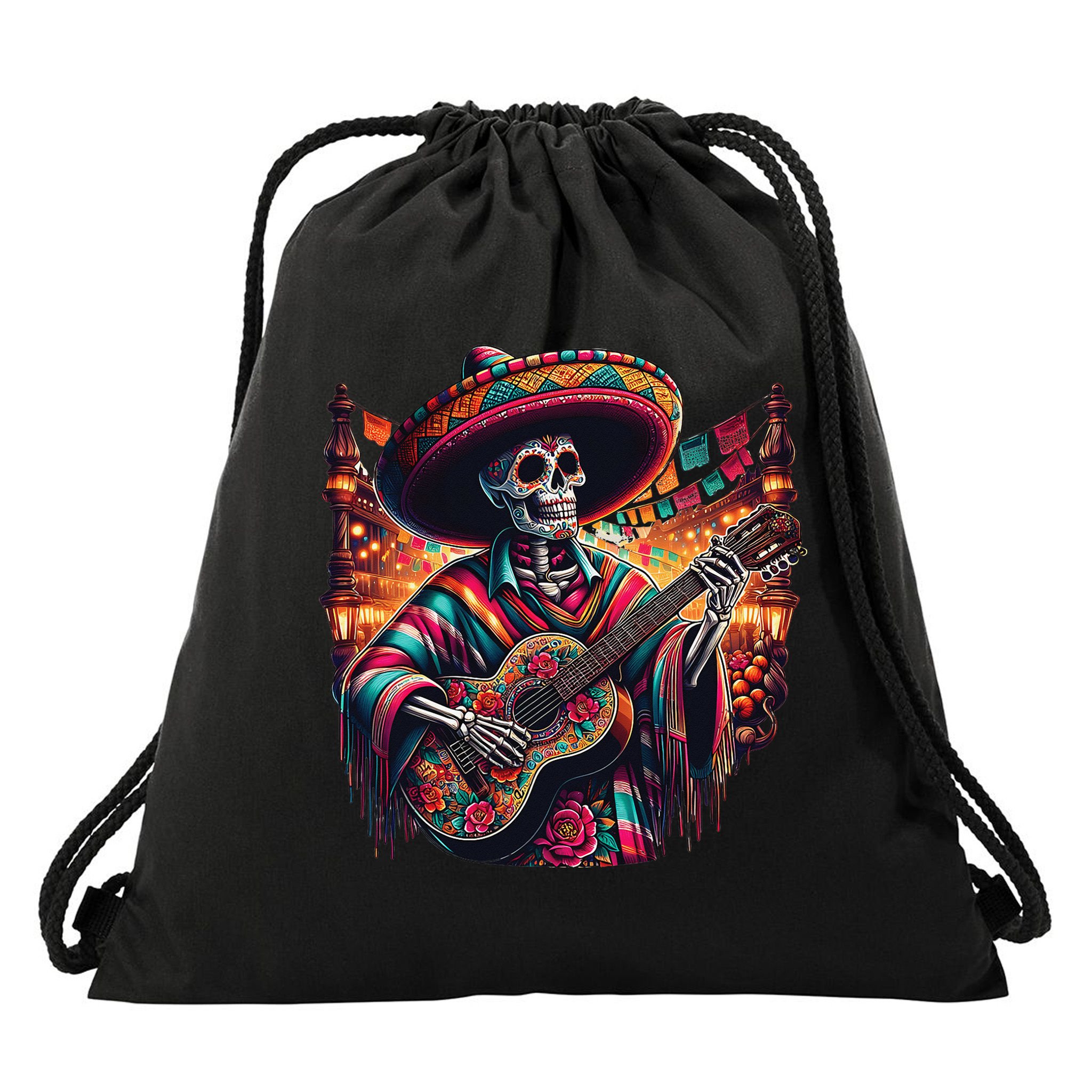 Cinco De Mayo Skeleton Sugar Skull Fiesta Sombreros Guitar Drawstring Bag