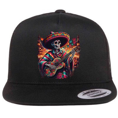 Cinco De Mayo Skeleton Sugar Skull Fiesta Sombreros Guitar Flat Bill Trucker Hat