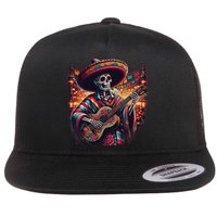 Cinco De Mayo Skeleton Sugar Skull Fiesta Sombreros Guitar Flat Bill Trucker Hat