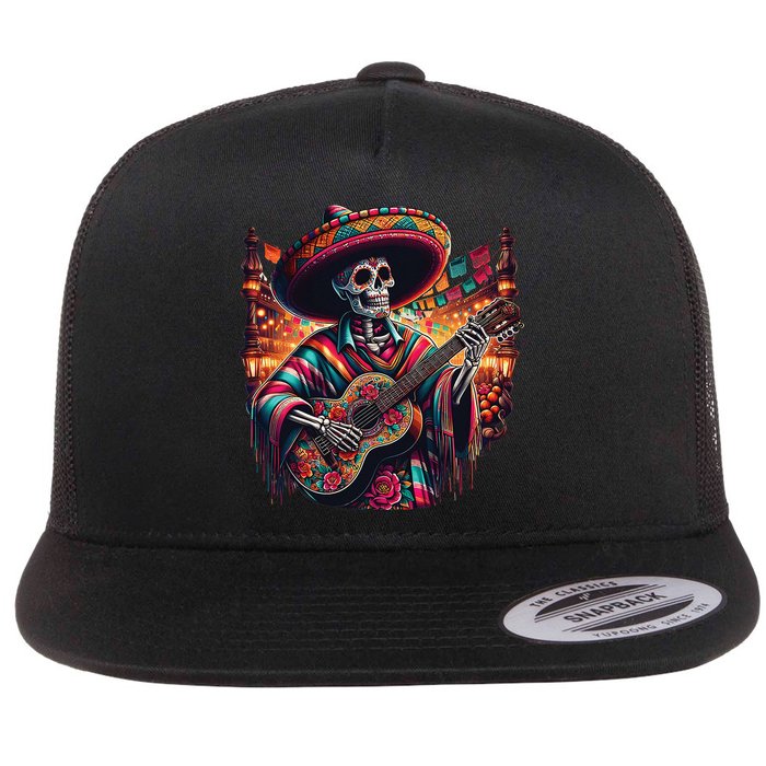 Cinco De Mayo Skeleton Sugar Skull Fiesta Sombreros Guitar Flat Bill Trucker Hat