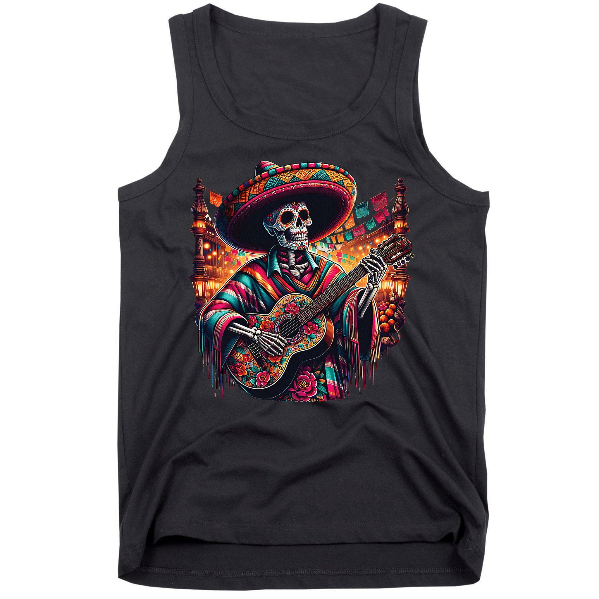 Cinco De Mayo Skeleton Sugar Skull Fiesta Sombreros Guitar Tank Top