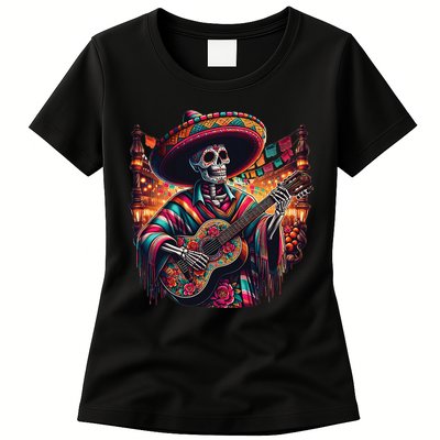 Cinco De Mayo Skeleton Sugar Skull Fiesta Sombreros Guitar Womens T-Shirt