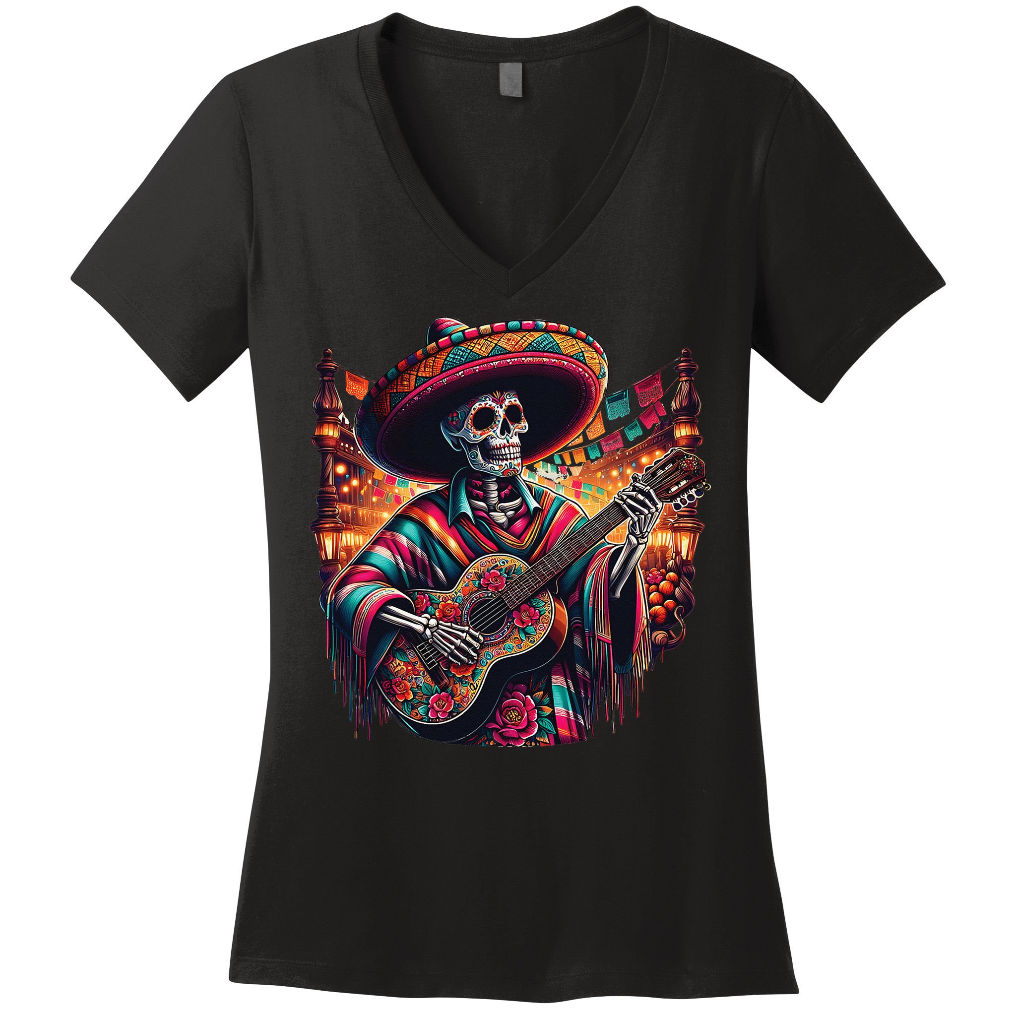 Cinco De Mayo Skeleton Sugar Skull Fiesta Sombreros Guitar Women's V-Neck T-Shirt