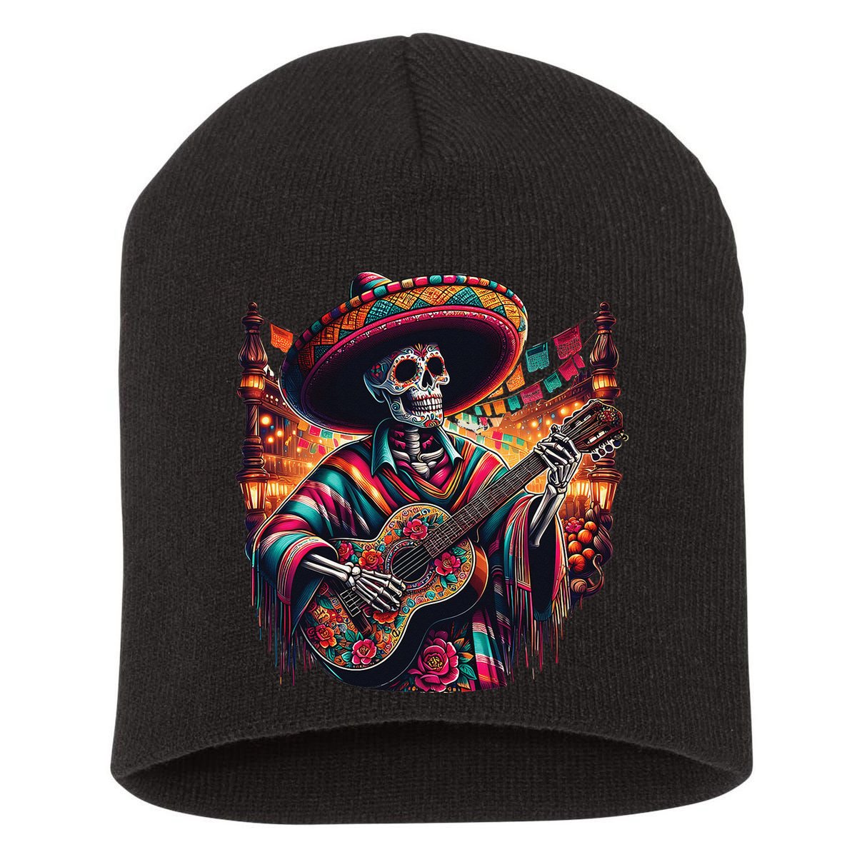 Cinco De Mayo Skeleton Sugar Skull Fiesta Sombreros Guitar Short Acrylic Beanie