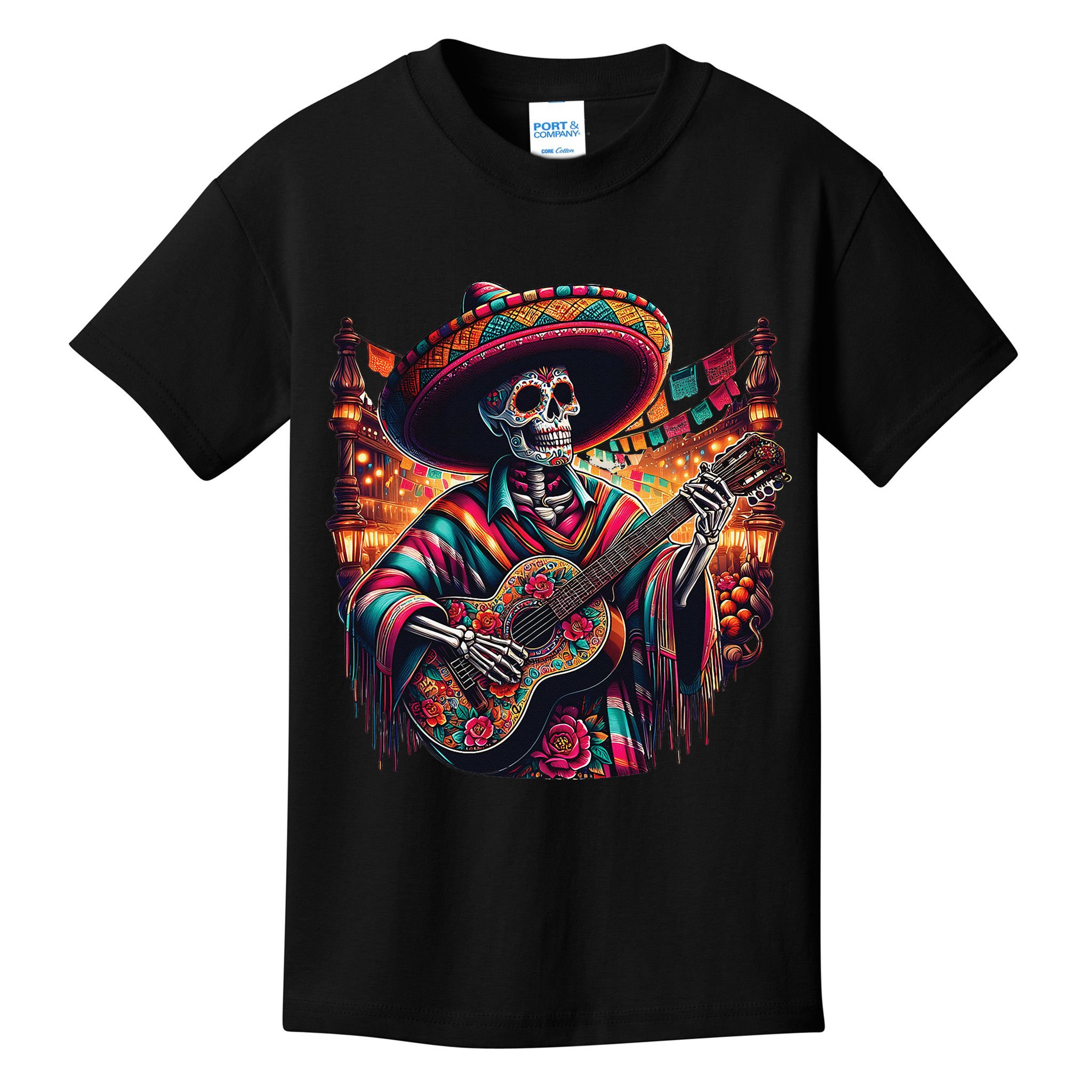 Cinco De Mayo Skeleton Sugar Skull Fiesta Sombreros Guitar Kids T-Shirt