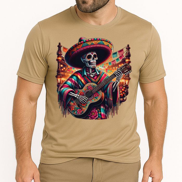 Cinco De Mayo Skeleton Sugar Skull Fiesta Sombreros Guitar Cooling Performance Crew T-Shirt