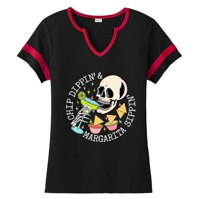 Chip Dippin Margarita Sippin Funny Skull Skeleton Ladies Halftime Notch Neck Tee