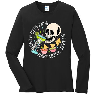 Chip Dippin Margarita Sippin Funny Skull Skeleton Ladies Long Sleeve Shirt