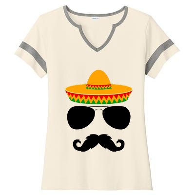 Cinco De Mayo Party Funny Cinco De Mayo Mustache Face Ladies Halftime Notch Neck Tee