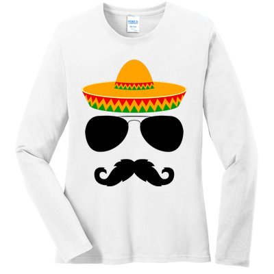 Cinco De Mayo Party Funny Cinco De Mayo Mustache Face Ladies Long Sleeve Shirt