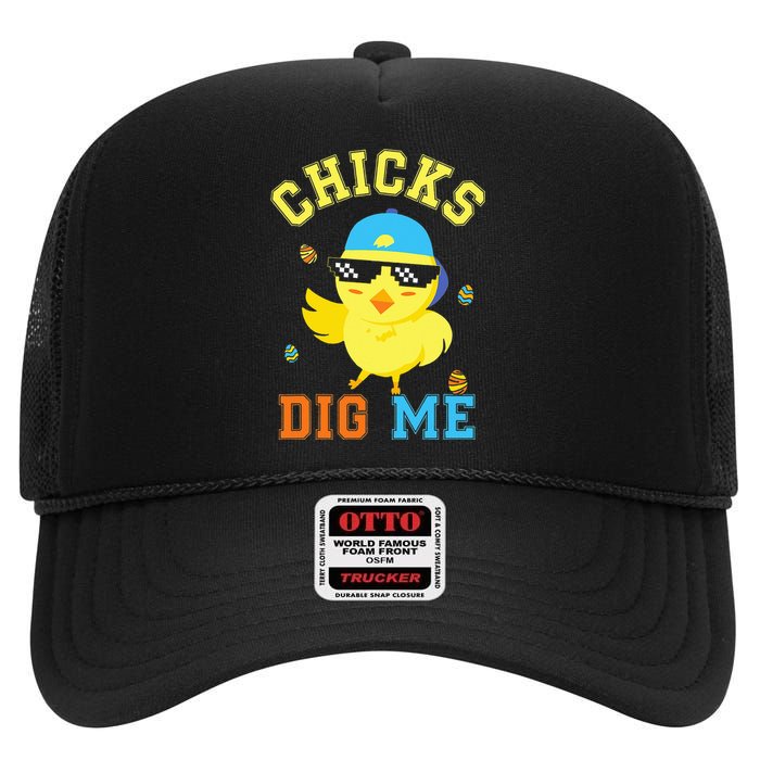 Chicks Dig Me Happy Easter Egg Hunt High Crown Mesh Back Trucker Hat