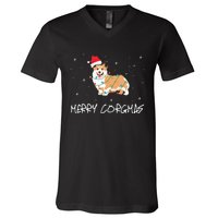 Corgi Dog Merry Corgmas Santa Hat Christmas Light V-Neck T-Shirt