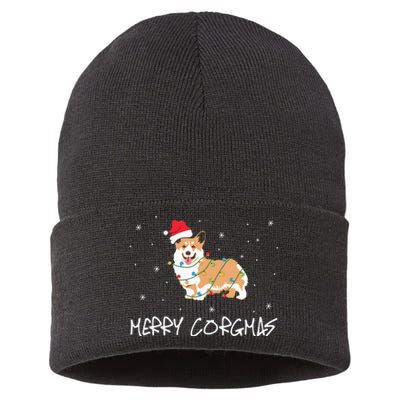 Corgi Dog Merry Corgmas Santa Hat Christmas Light Sustainable Knit Beanie