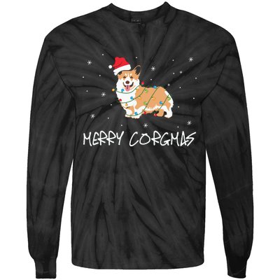 Corgi Dog Merry Corgmas Santa Hat Christmas Light Tie-Dye Long Sleeve Shirt